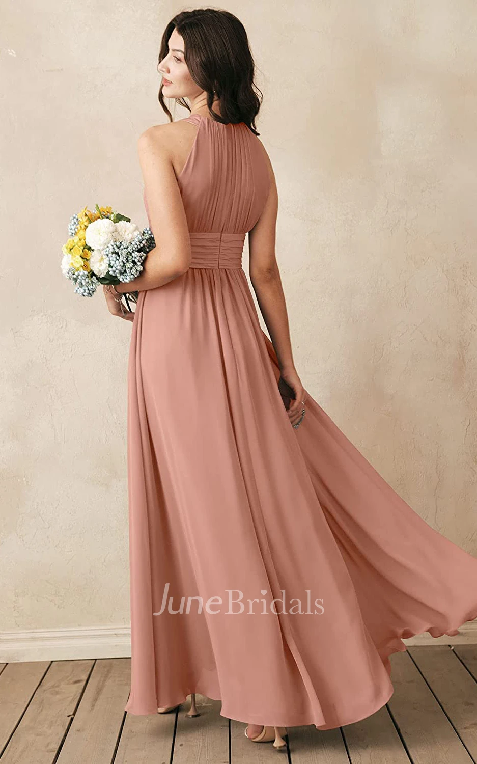 Ethereal A Line Halter Chiffon Sleeveless Bridesmaid Dress