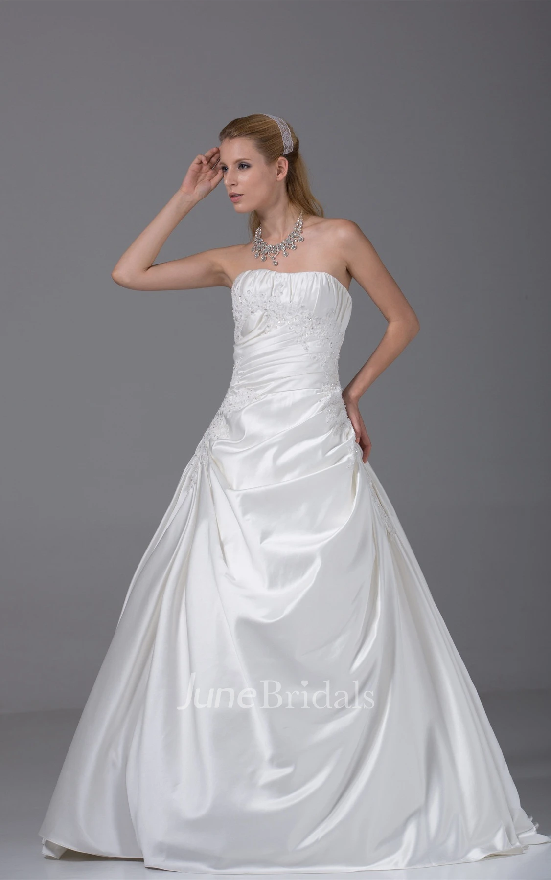 Strapless Ruched Satin Ball Gown with Appliques and Pick Up