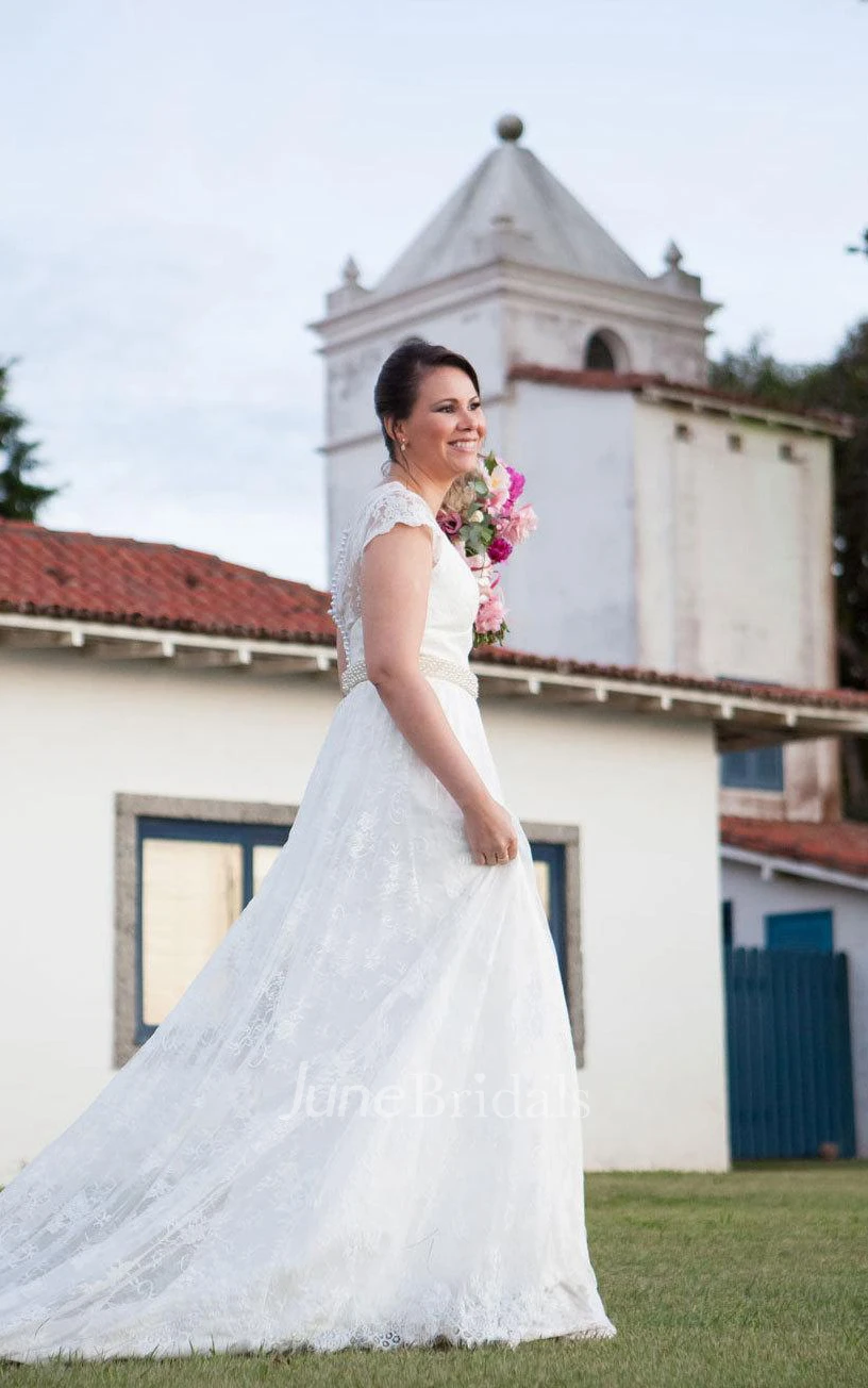 V-Neck Cap Illusion Back Lace Wedding Dress With Pleats And Sash