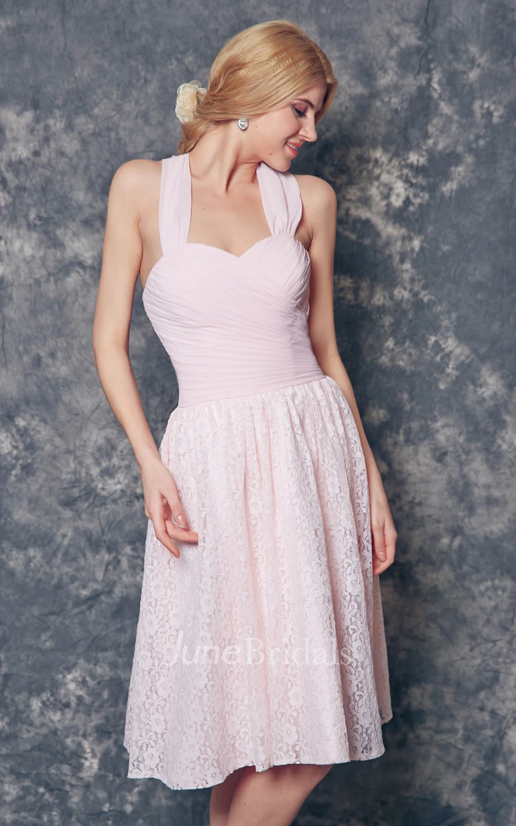 Halter Knee Length Chiffon and Lace Bridesmaid Dress