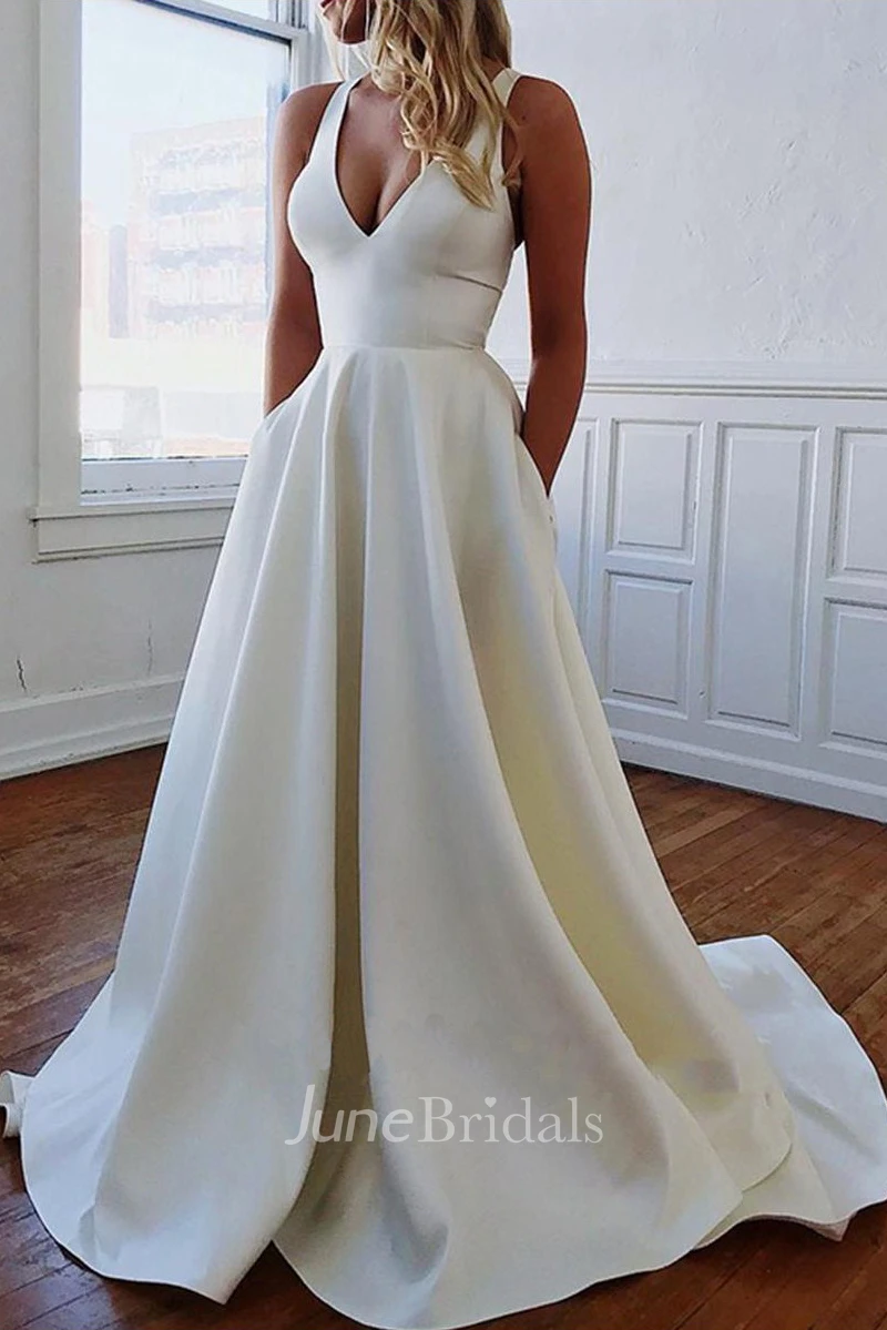 Simple Satin A-line Straps Sleeveless Fllor Length Dress with Court Train