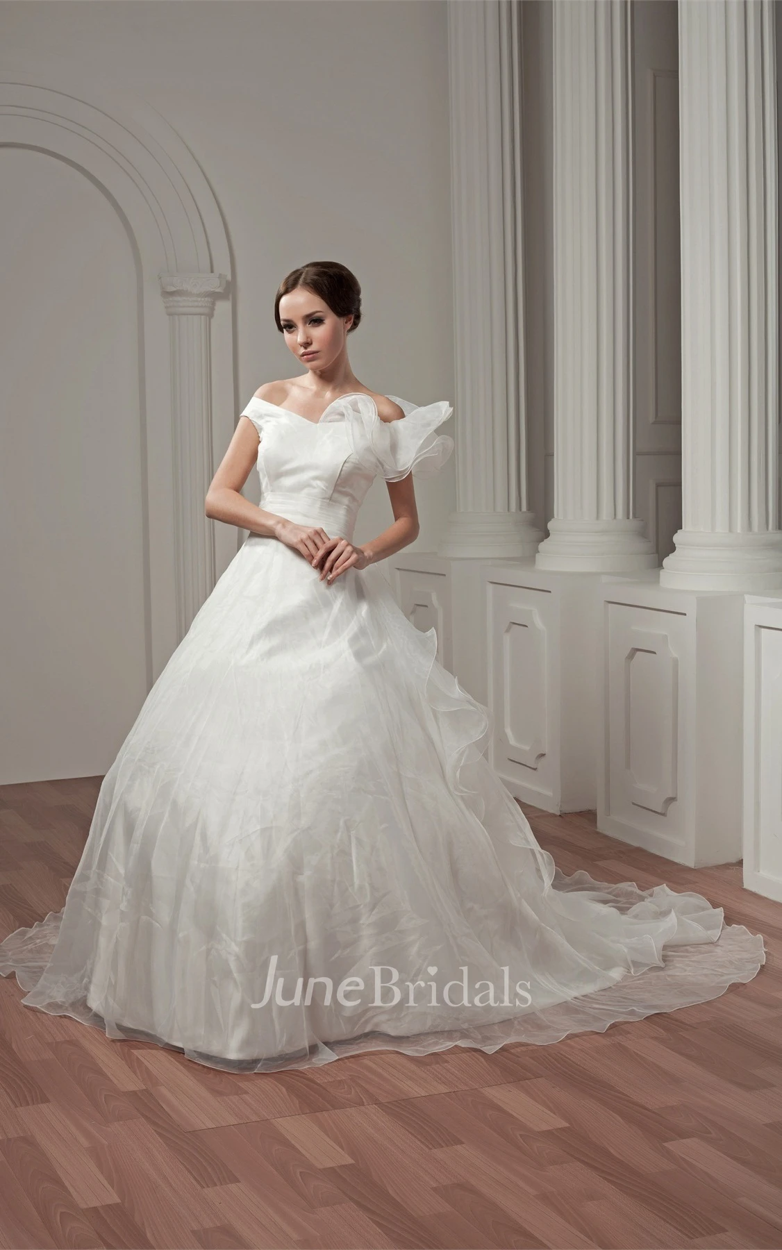 Off-The-Shoulder A-Line Ball Gown with Draping and Ruched Waist