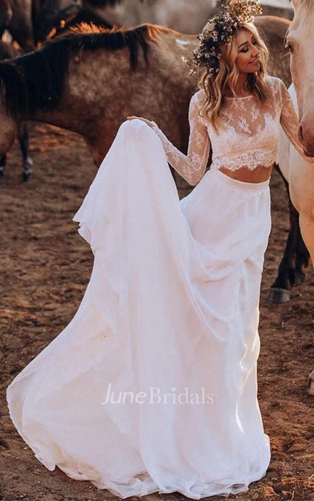 Simple Chiffon Lace Bateau Two Piece Sweep Train Wedding