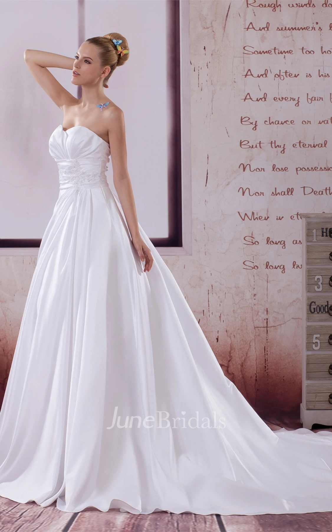 Strapless Ruched A-Line Ball Gown with Pleats and Jeweled Waist