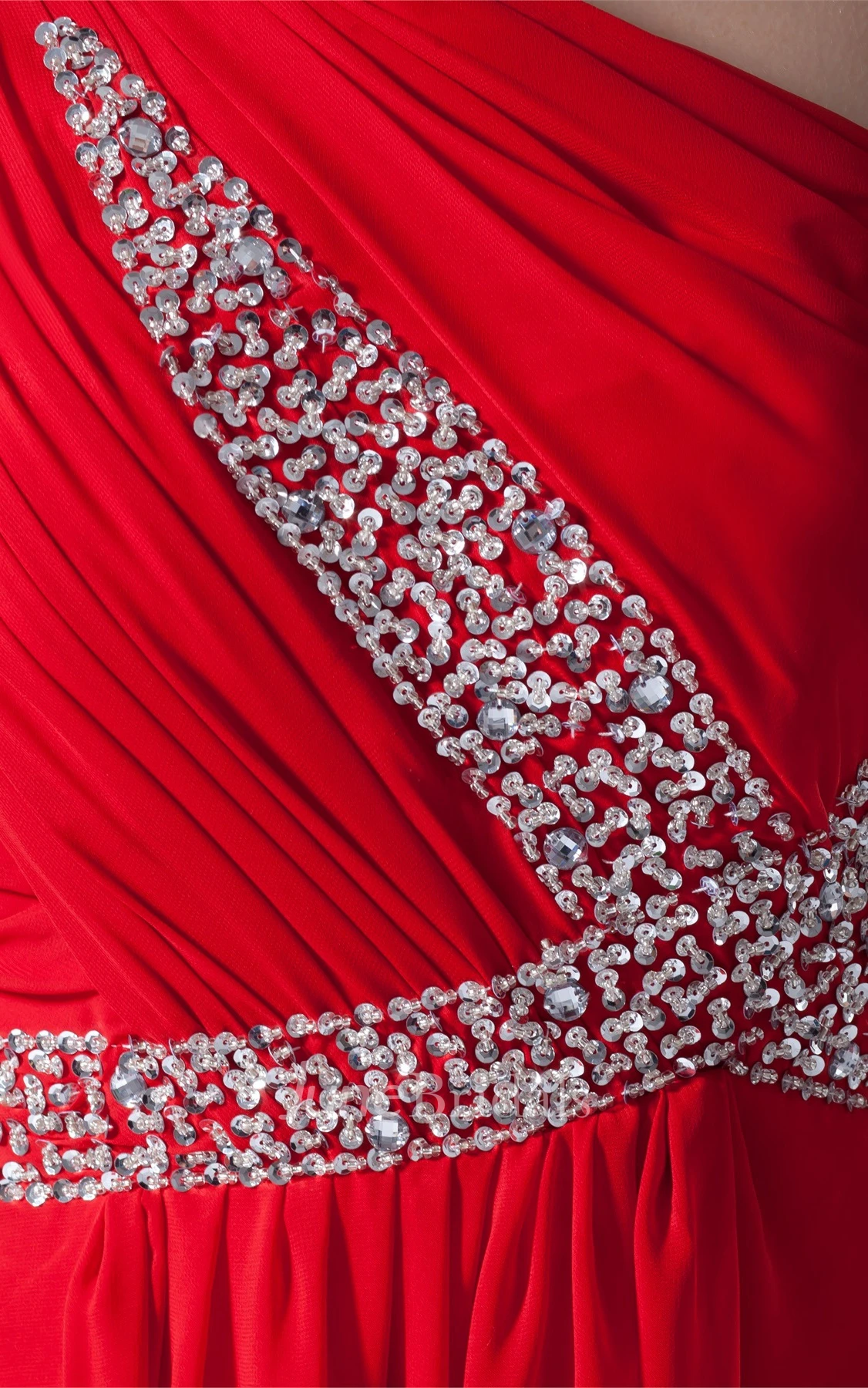 one-shoulder ankle-length chiffon dress with cross beading and ruching