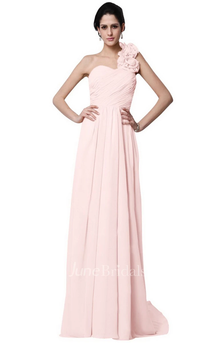 One-shoulder Long Chiffon Dress With Flowers