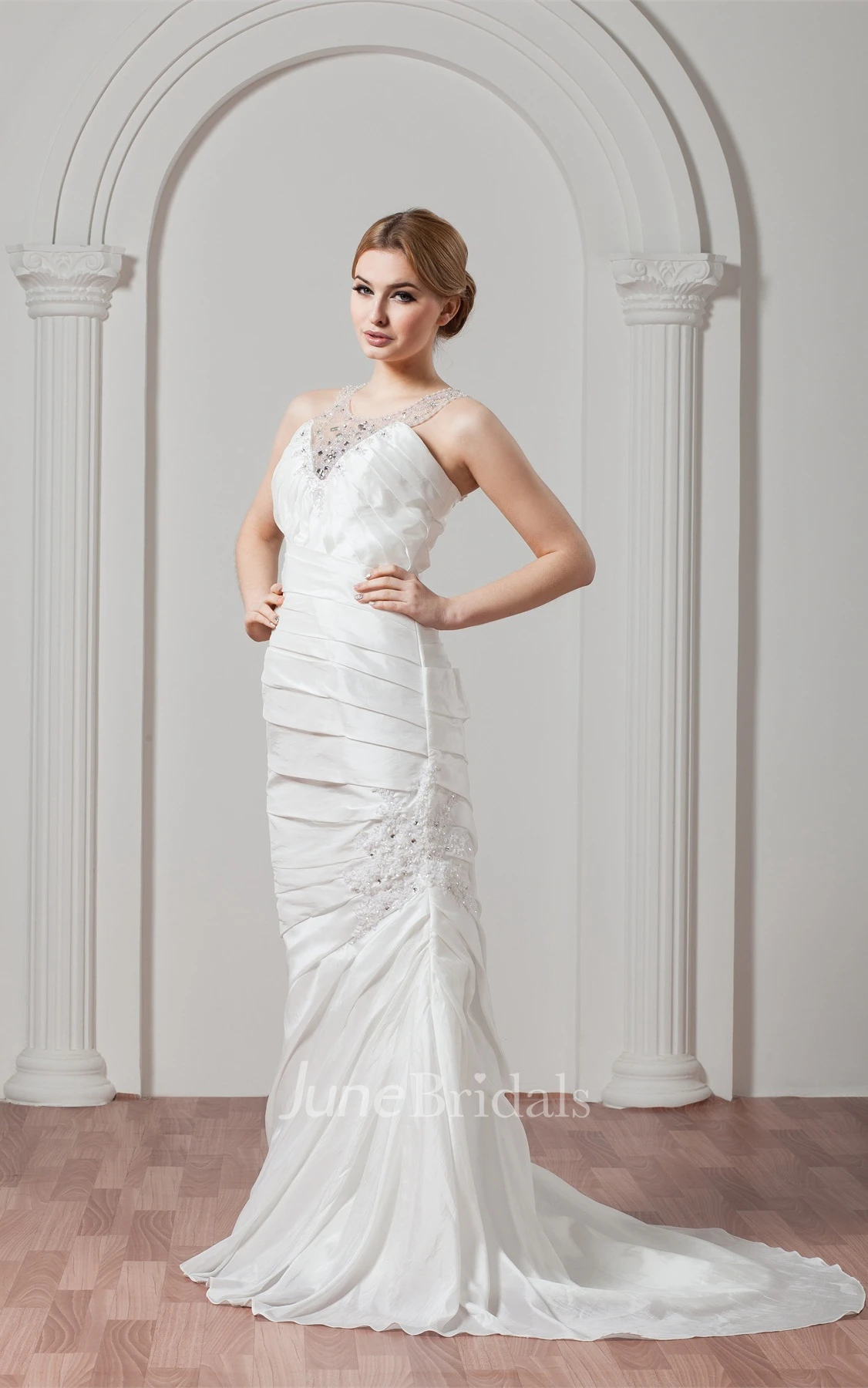 Sleeveless Column Ruched Gown with Appliques and Jeweled Neckline