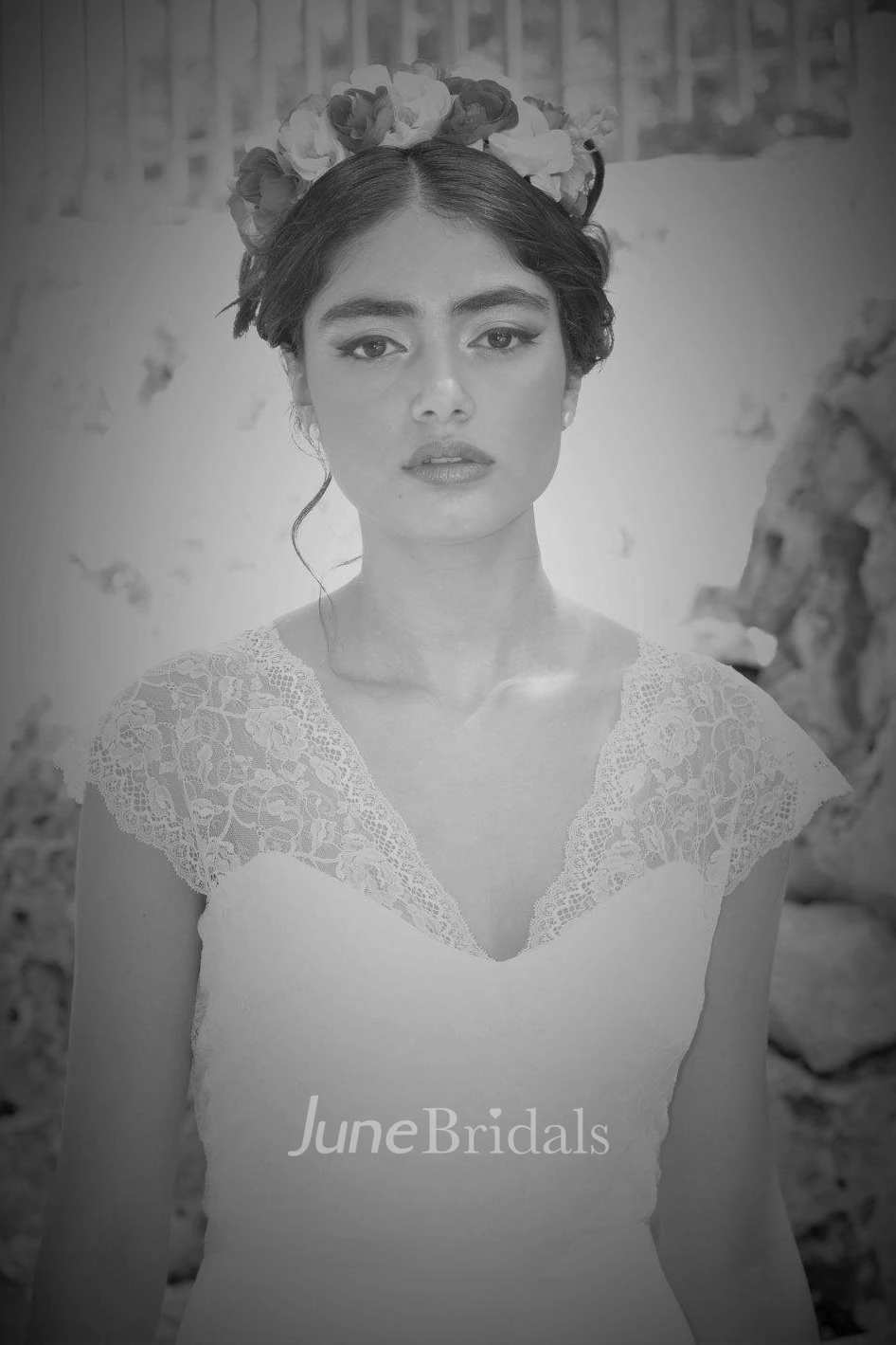 Plunged Short Sleeve Chiffon Long Wedding Dress With Lace Top