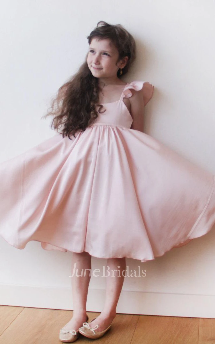 Ruffled Short Sleeve A-line Pleated Satin Dress With Empire Waist