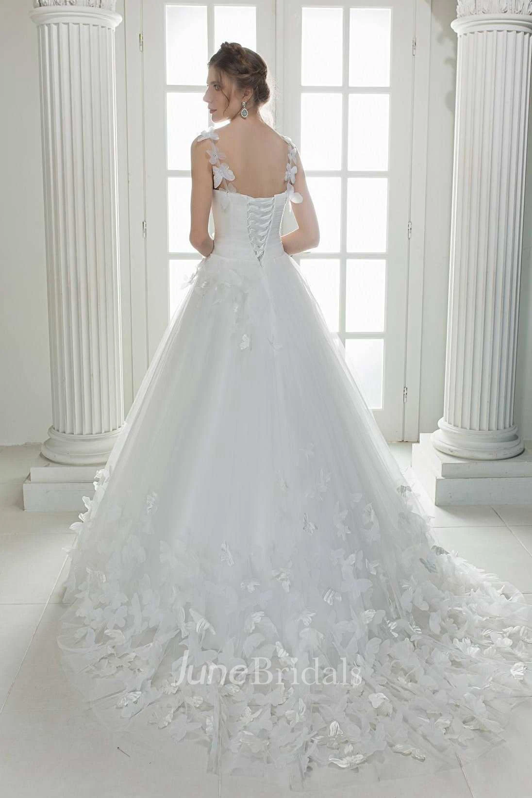 Floral A-Line Ball Gown Tulle Satin Wedding Dress With Sweep Train And Lace Up