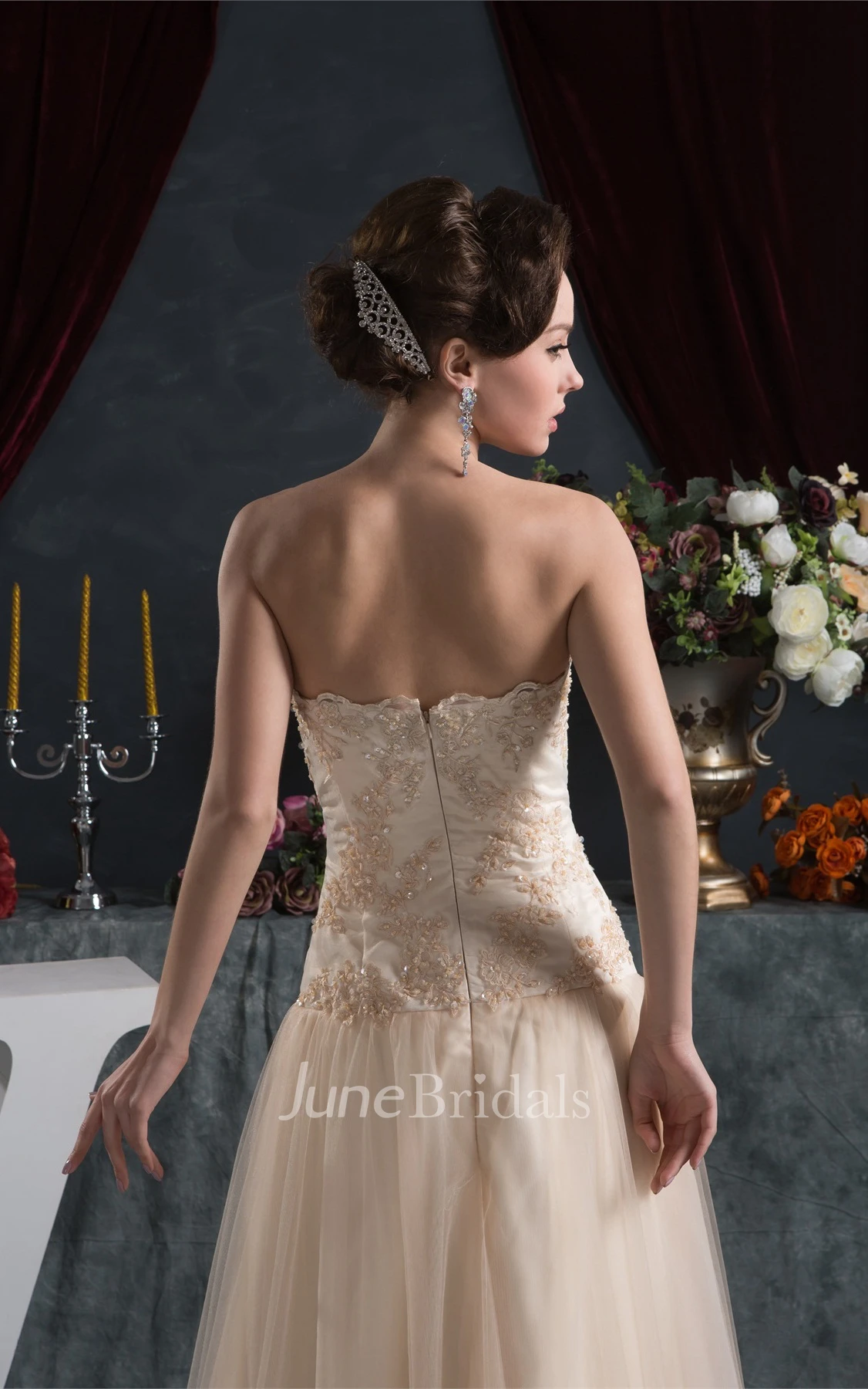 Strapless A-Line Floor-Length Dress with Appliques and Tulle Overlay