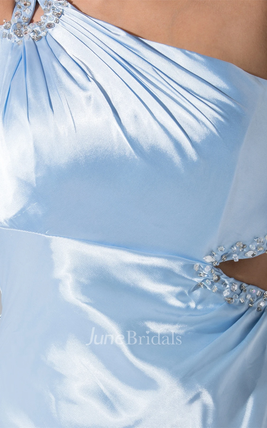 Front-Split Asymmetrical One-Shoulder Ankle-Length Gown with Side Keyhole and Beadings