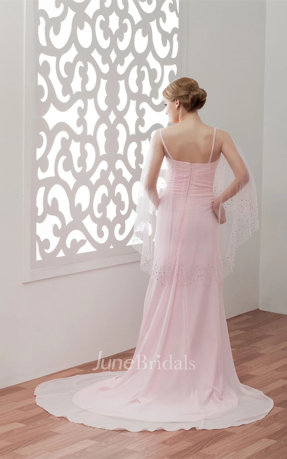 Spaghetti-Strap Chiffon Long Dress with Pleats and Sweep Train