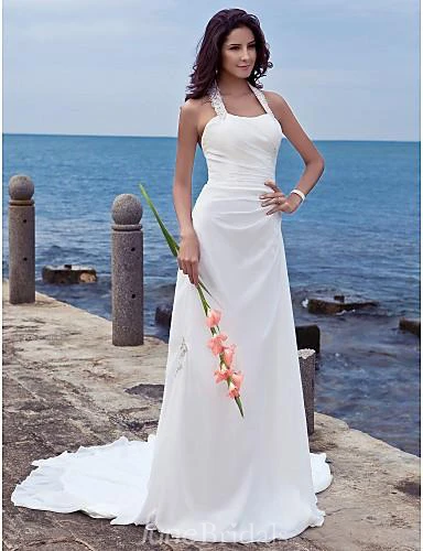 Sheath Column Halter Court Train Chiffon Wedding Dress