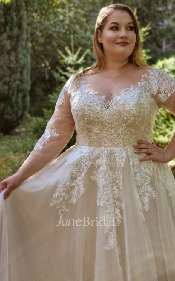 A Line Delicate V-neck Tulle Floor-length Wedding Dress with Appliques