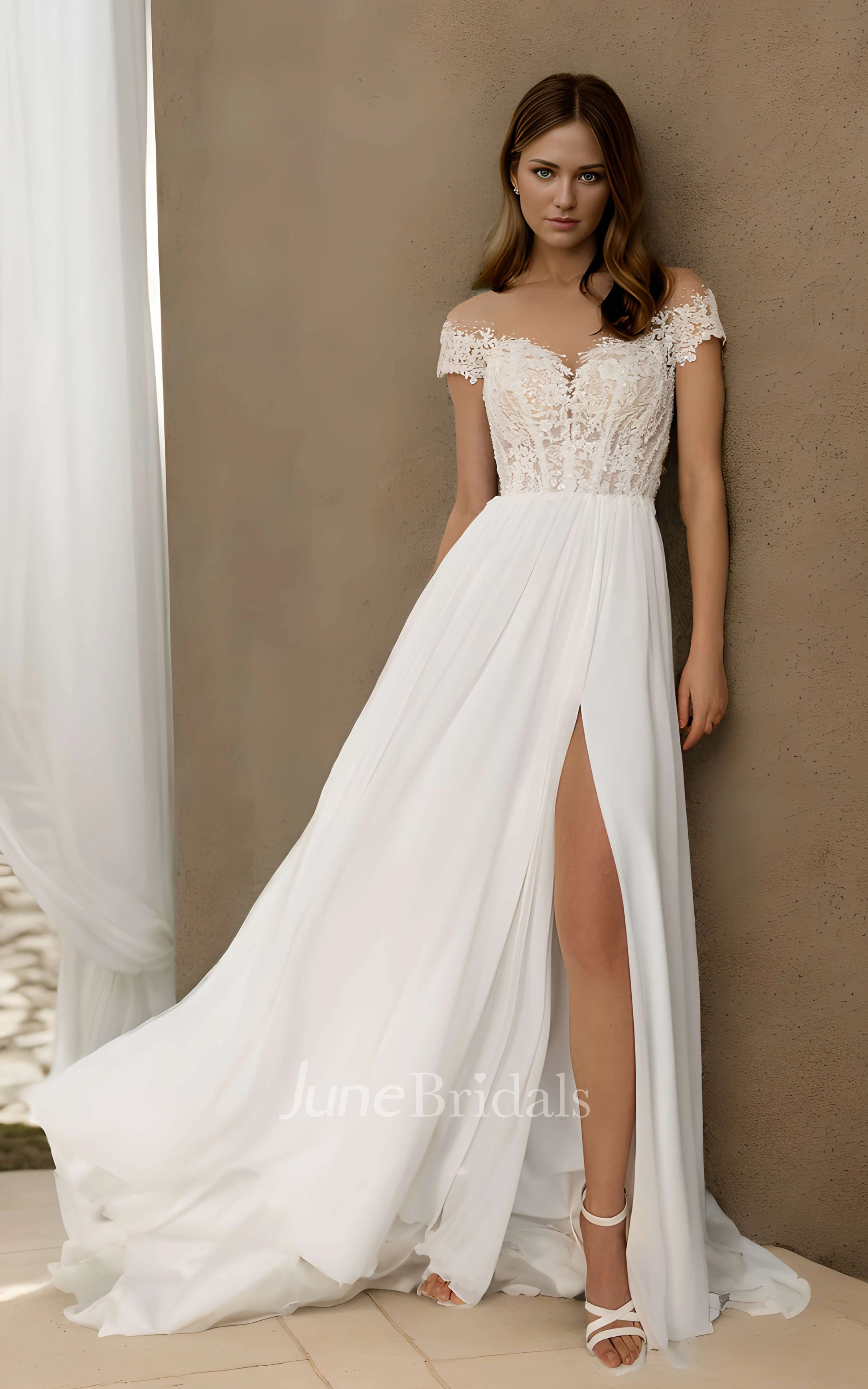 Floral A-Line Boho Lace Off-the-Shoulder Spring Wedding Dress Sexy Elopement Split Front Vow Renewal Dress
