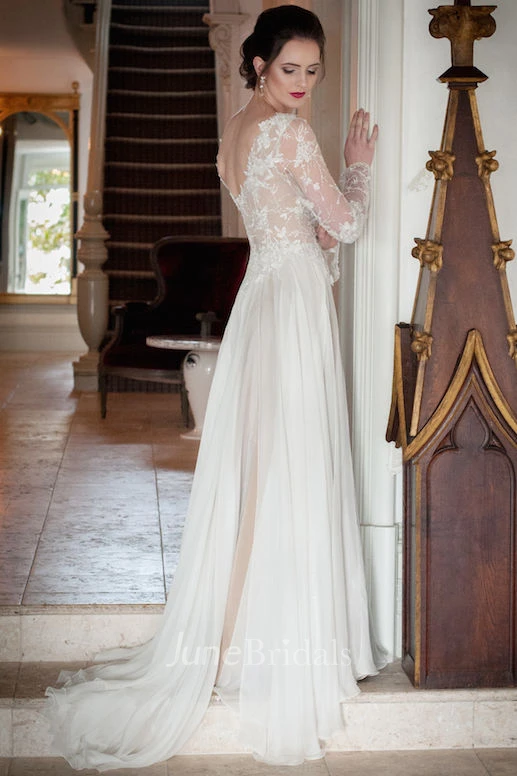 Sheath V-Neck Illusion-Sleeve Chiffon Wedding Dress