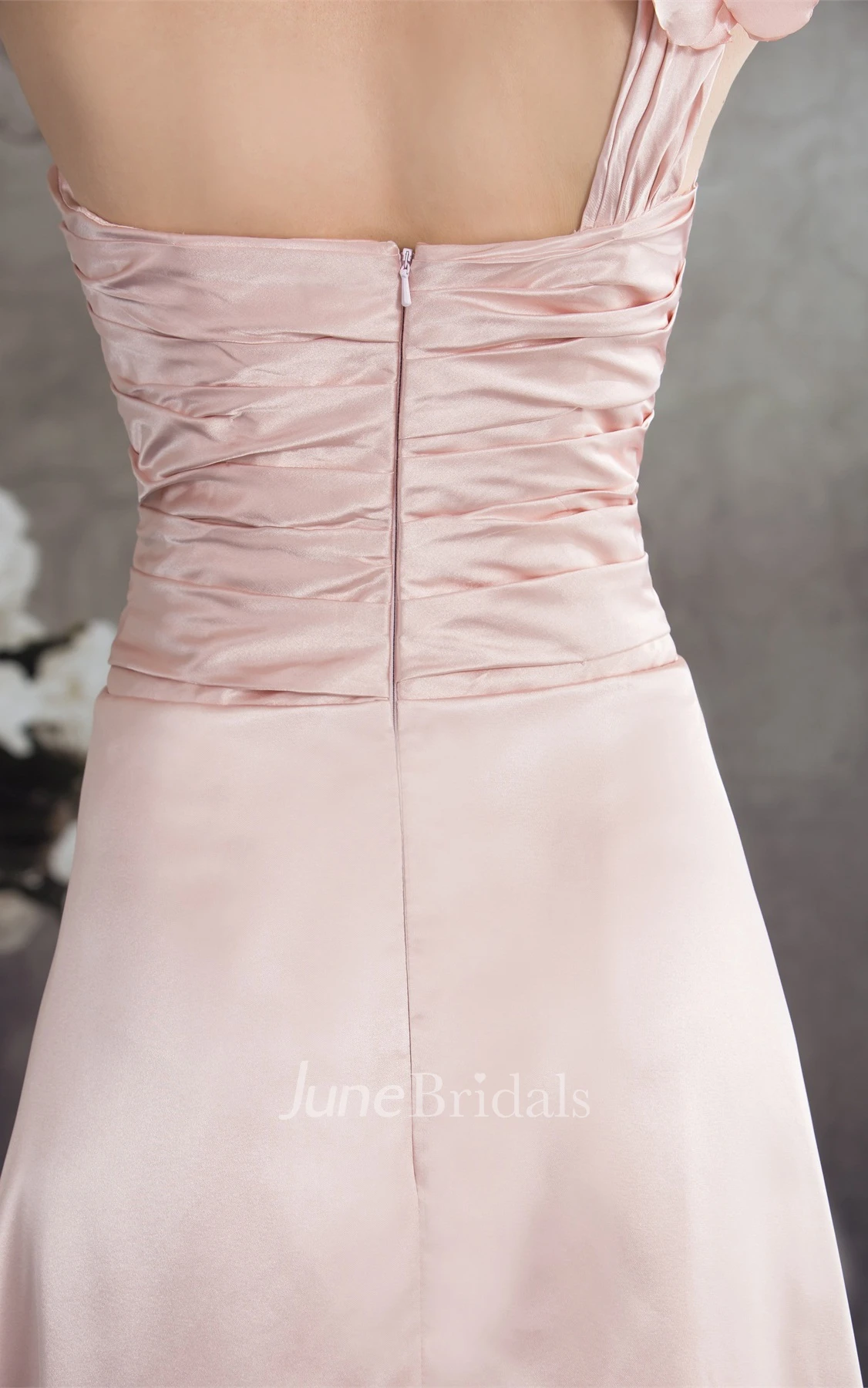 Sleeveless High-Low Pleated Dress with Ruching and Floral Epaulet