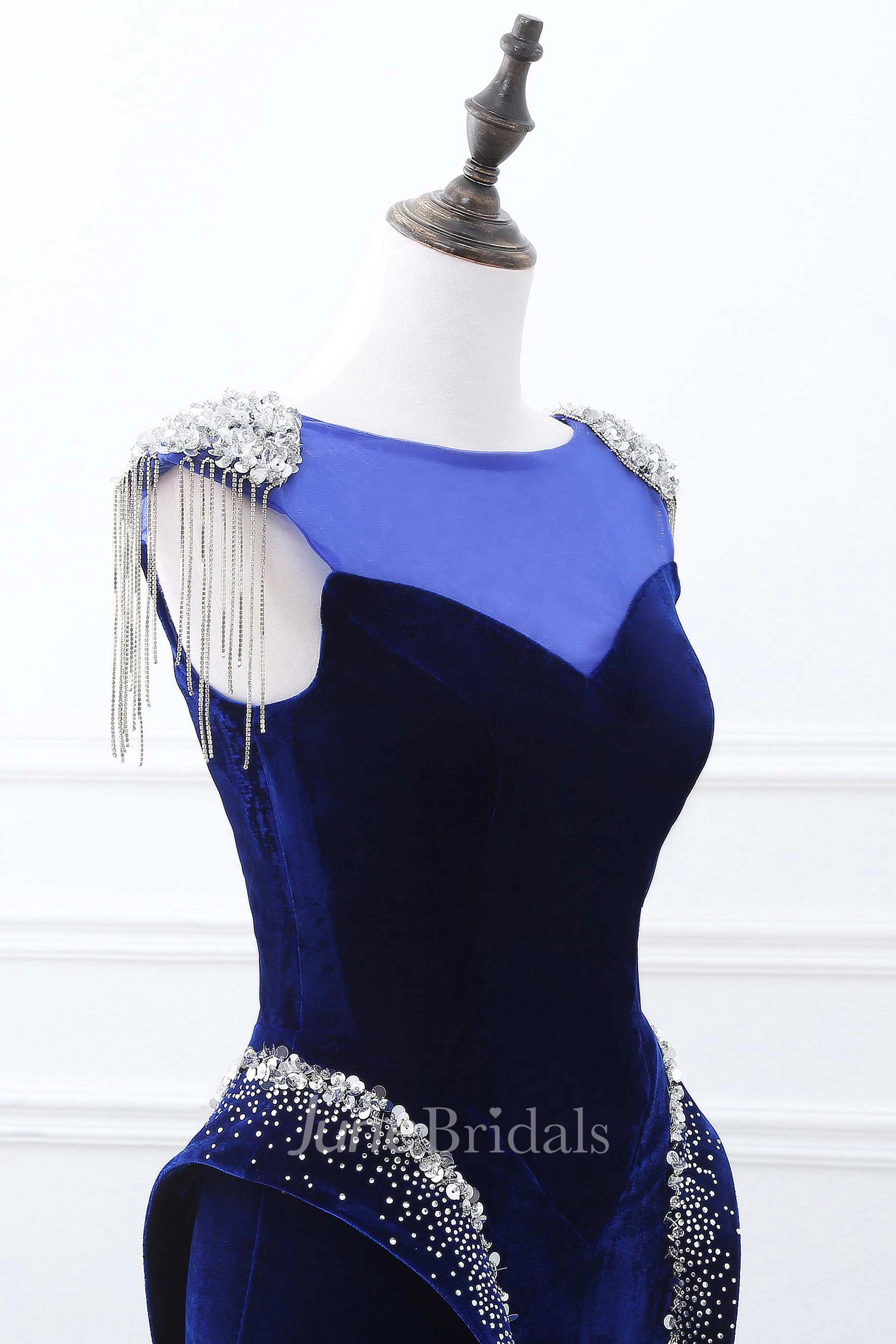 Tassel Cap Sleeve Bateau Neck Mermaid Velvet Gown