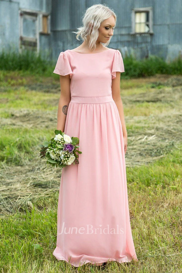 Casual Chiffon Bateau-neck Floor Length Ruched Bridesmaid Dress