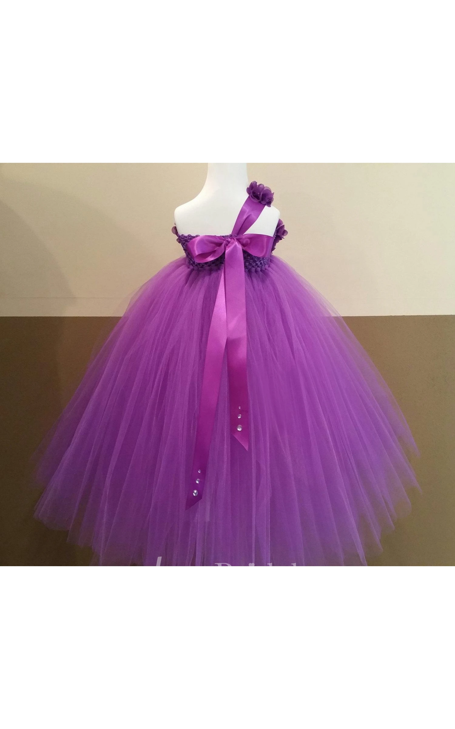 Beaded Flower One Shoulder Pleated Ball Gown With Bow Sash