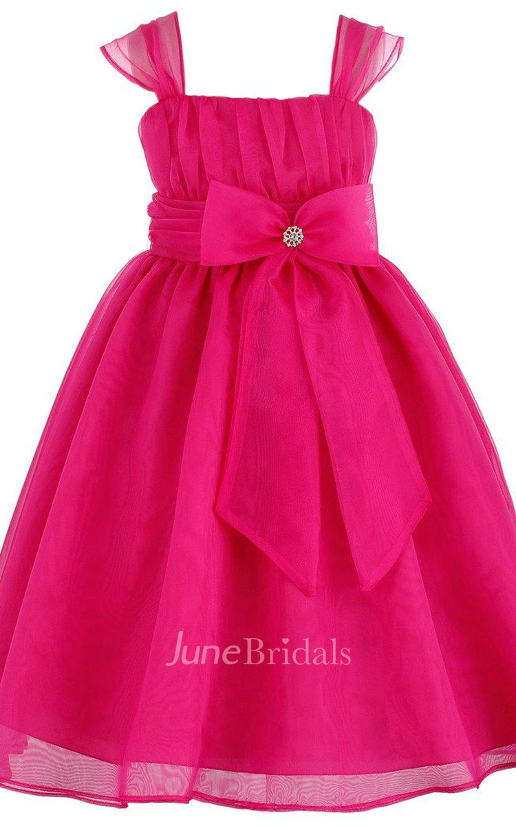 Cap-sleeved Square-neck Dress With Bow Tie