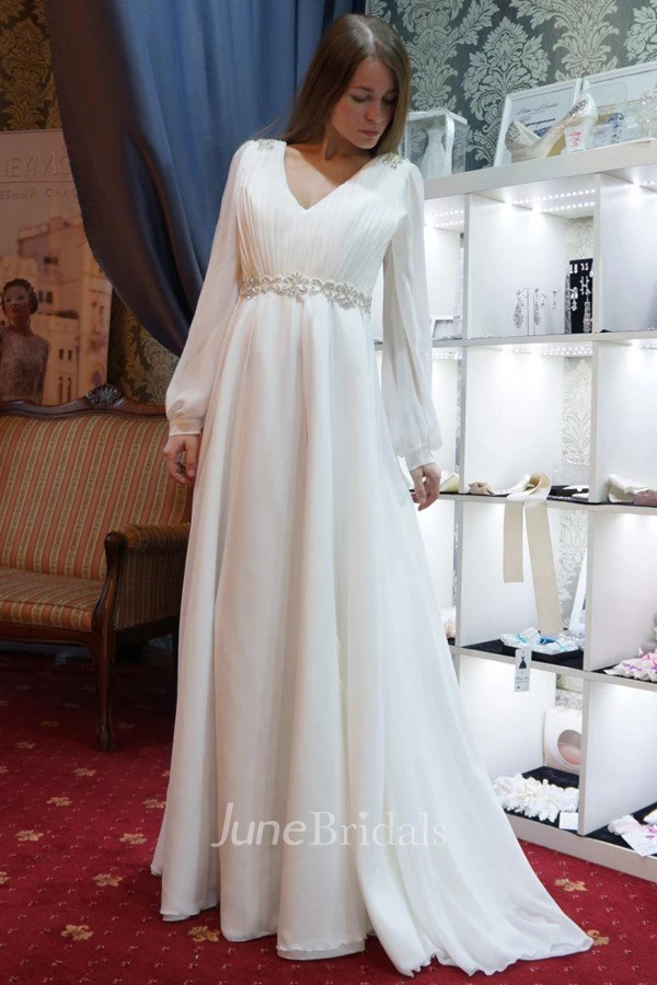 Plunged Puff Long Sleeve Chiffon Wedding Dress With Beaded Waist