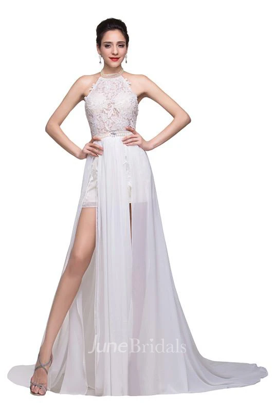 Newest High Neck Elegant Prom Dress Long Beadings Chiffon Evening Gown With Lace Appliques