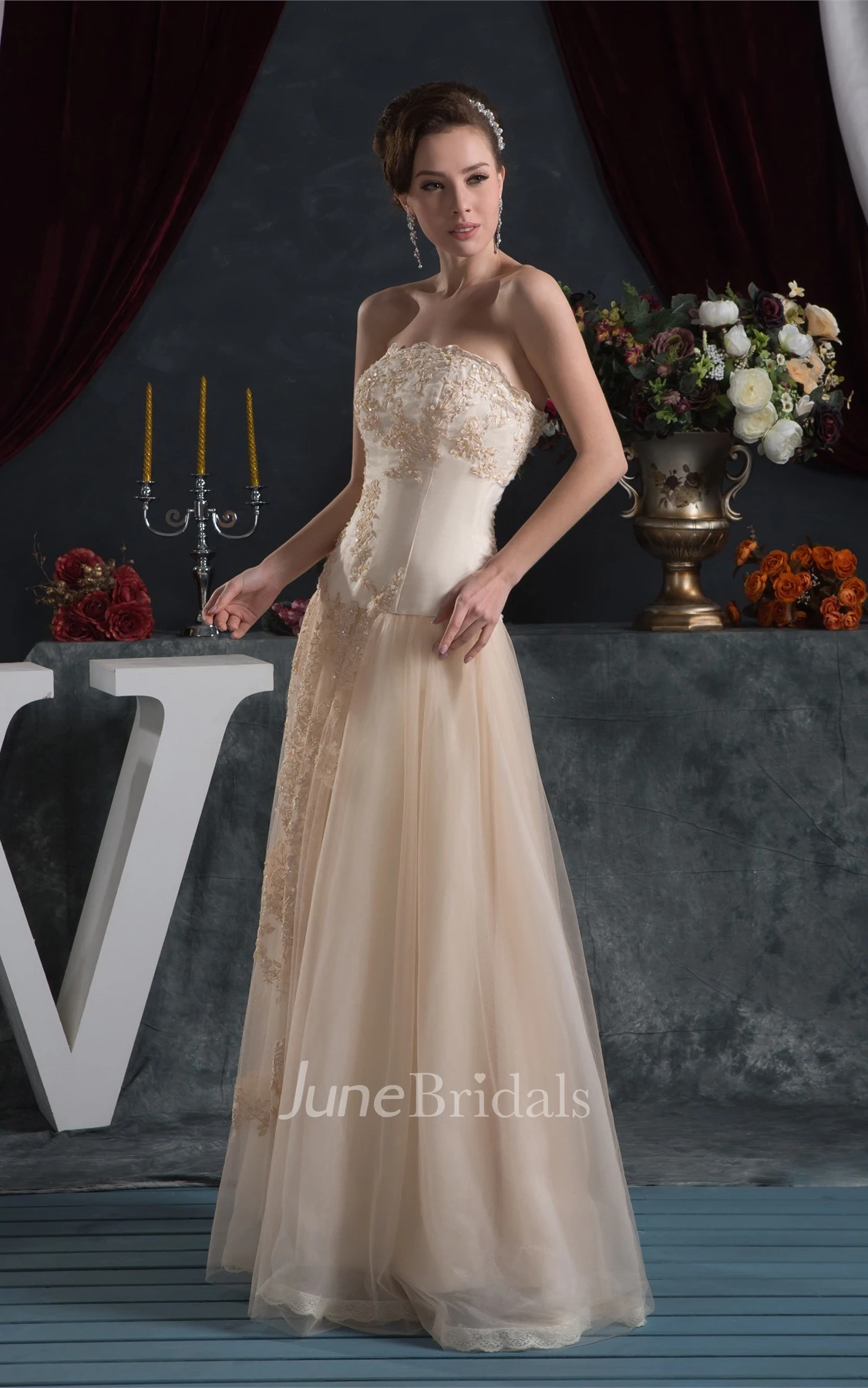Strapless A-Line Floor-Length Dress with Appliques and Tulle Overlay