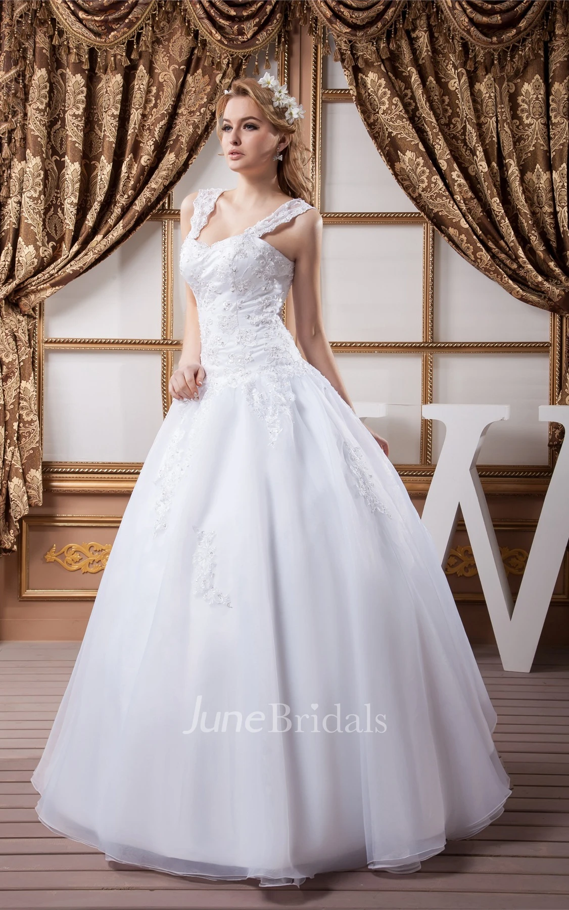 Strapped A-Line Gown with Appliques and Crystal Detailing