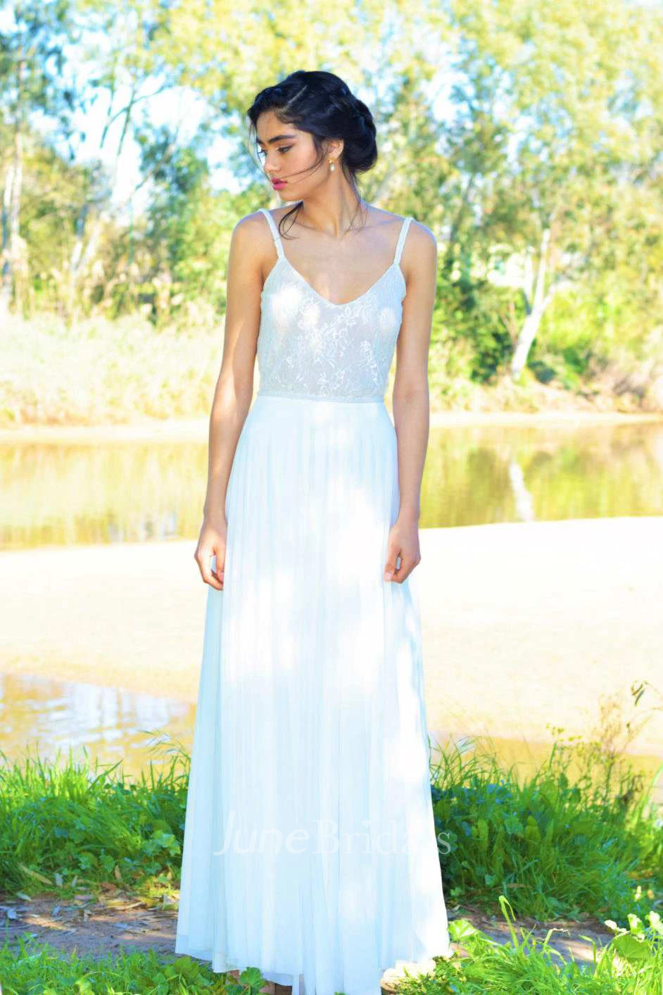 Spaghetti Chiffon Pleated Backless Ankle-Length Dress With Lace Top