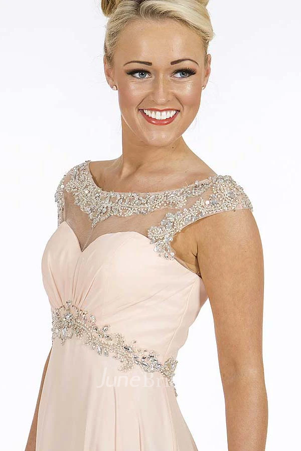 A-Line Empire Scoop Floor-Length Cap-Sleeve Beaded Chiffon Prom Dress With Waist Jewellery And Ruching