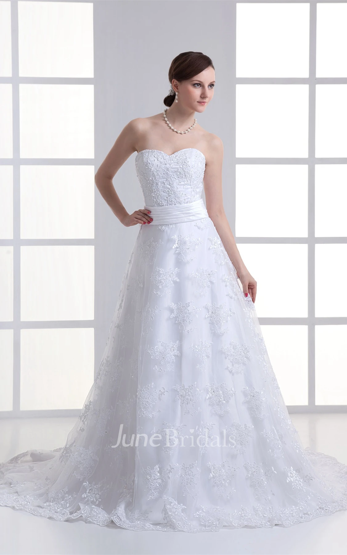 lace a-line floor-length strapless gown with court train and ribbon