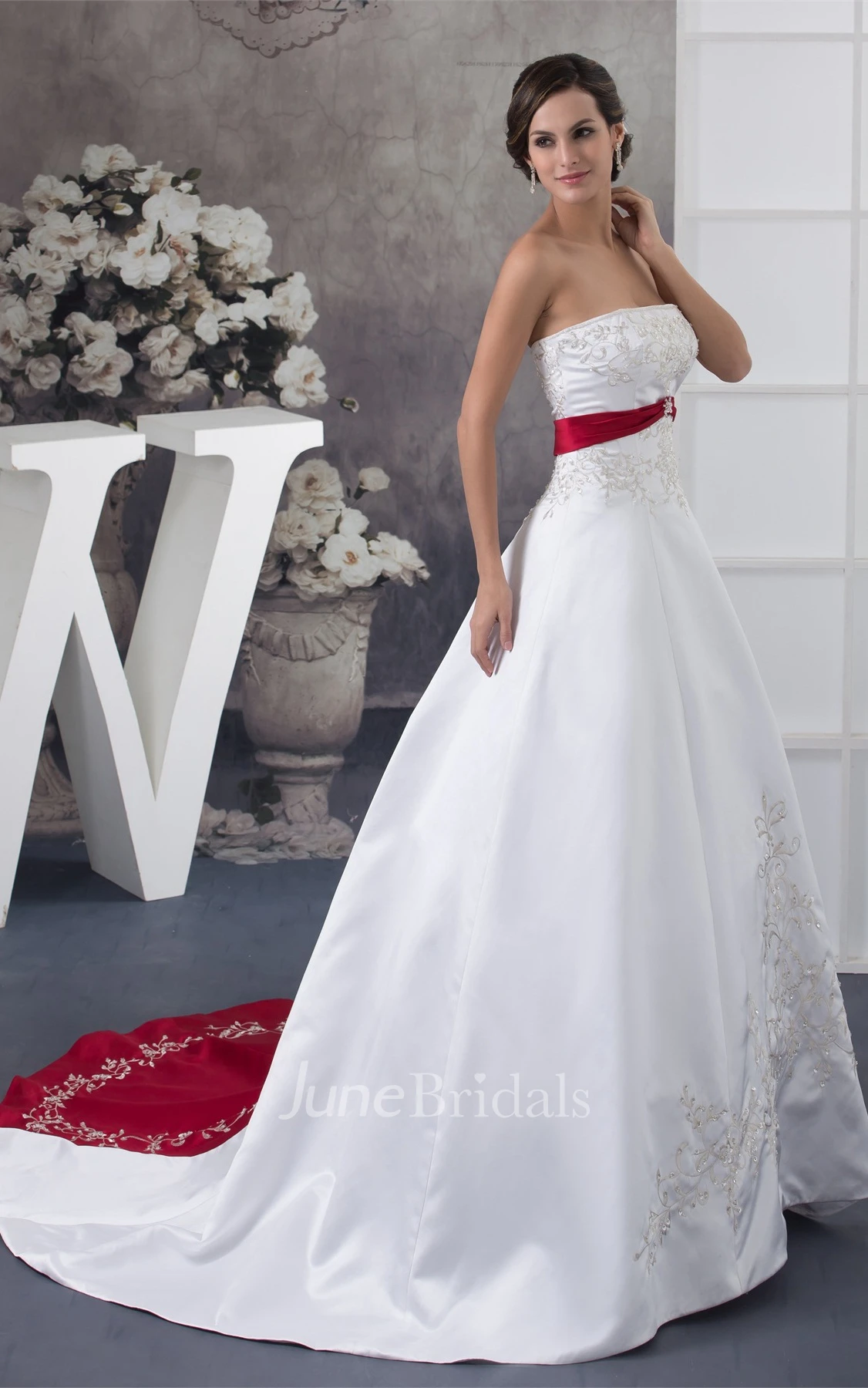 A-Line Satin Ball Gown with Embroideries and Broach