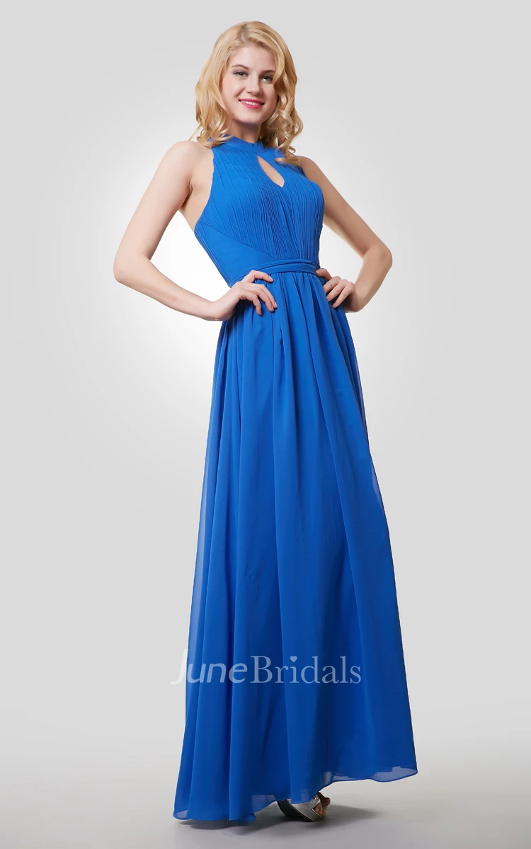 Floor Length A-Line Chiffon Dress With Halter and Keyhole