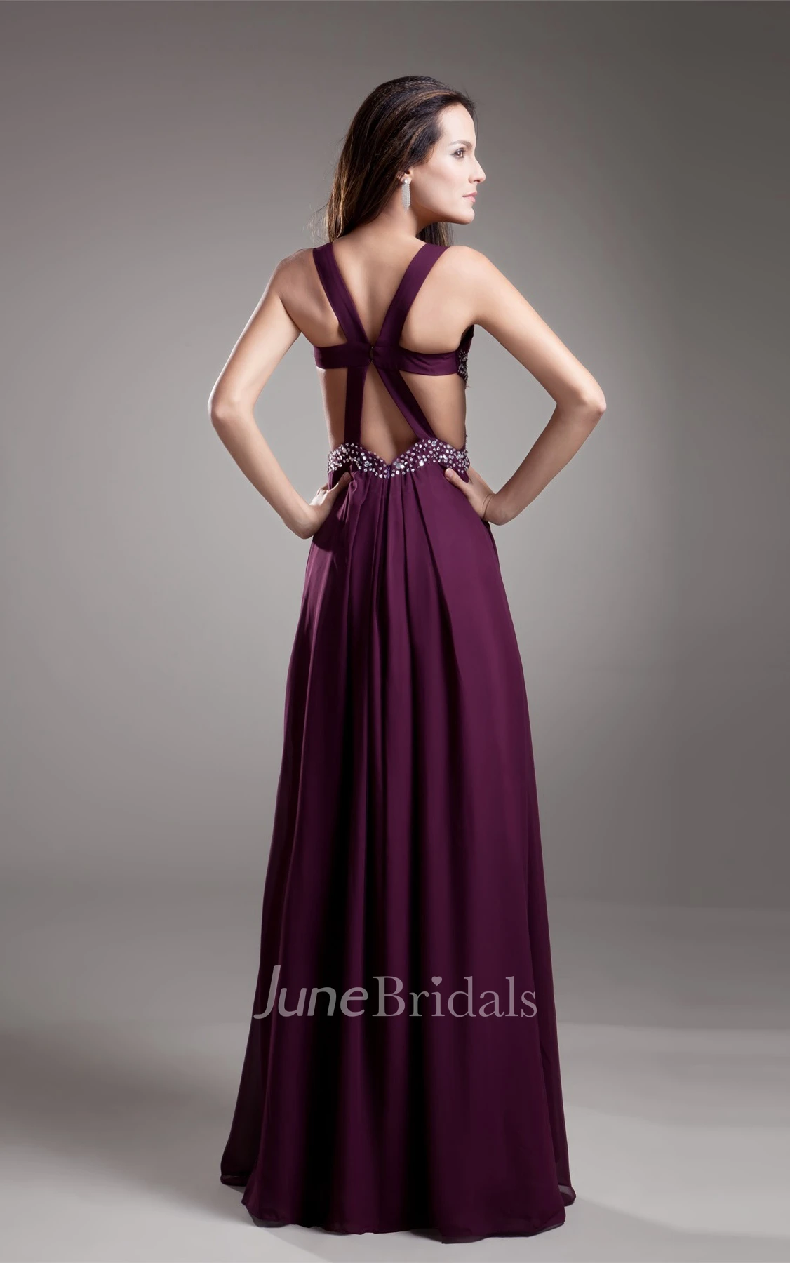 chiffon front-split strapped dress with beading and keyhole