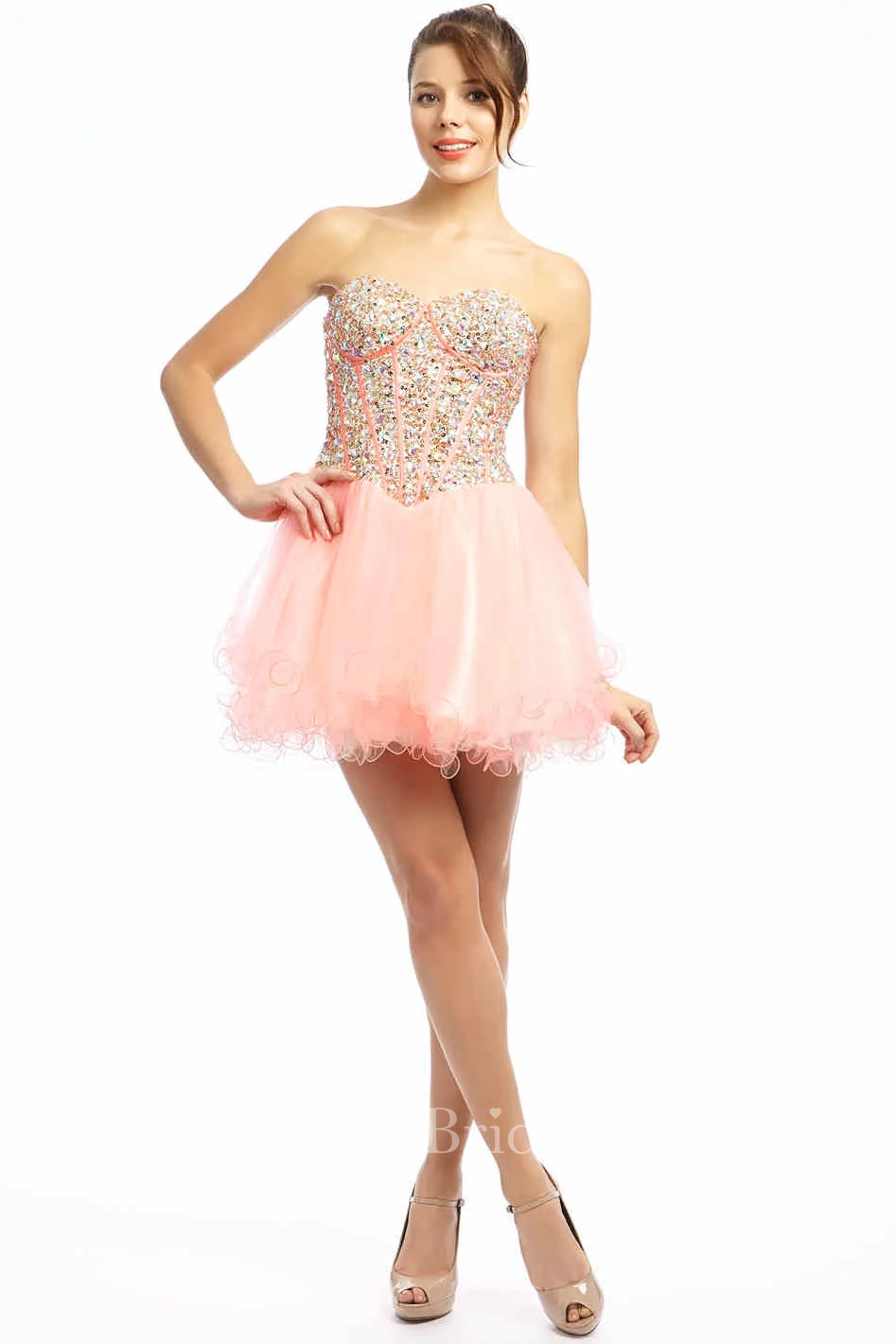 A Line Sweetheart Short Mini Beaded Sleeveless Tulle Prom Dress With Ruffles