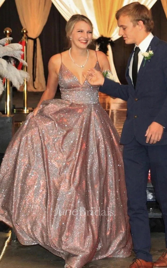 Romantic A Line Sequins Floor-length Evening Dress With Open Back And Spaghetti Neckline