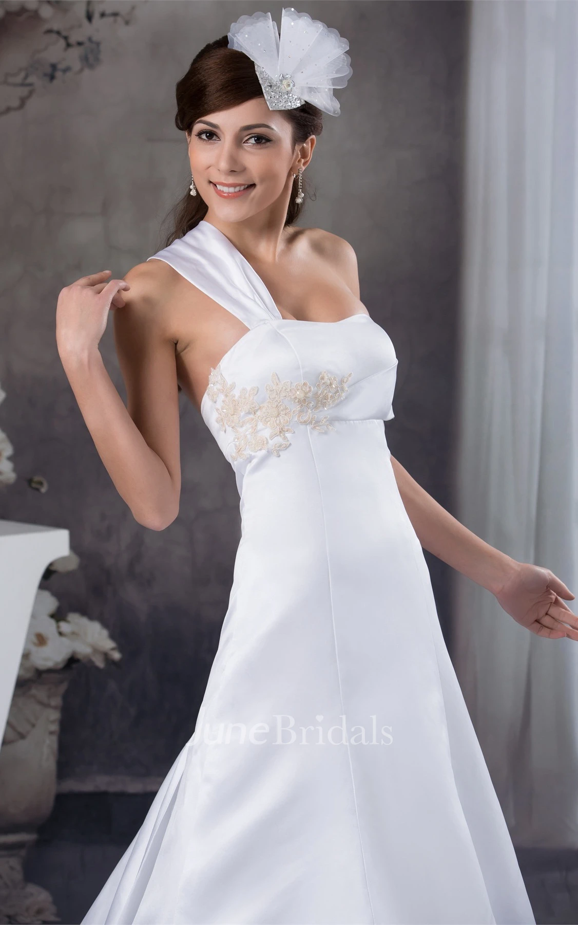 Satin Single-Strap A-Line Gown with Appliques and Court Train