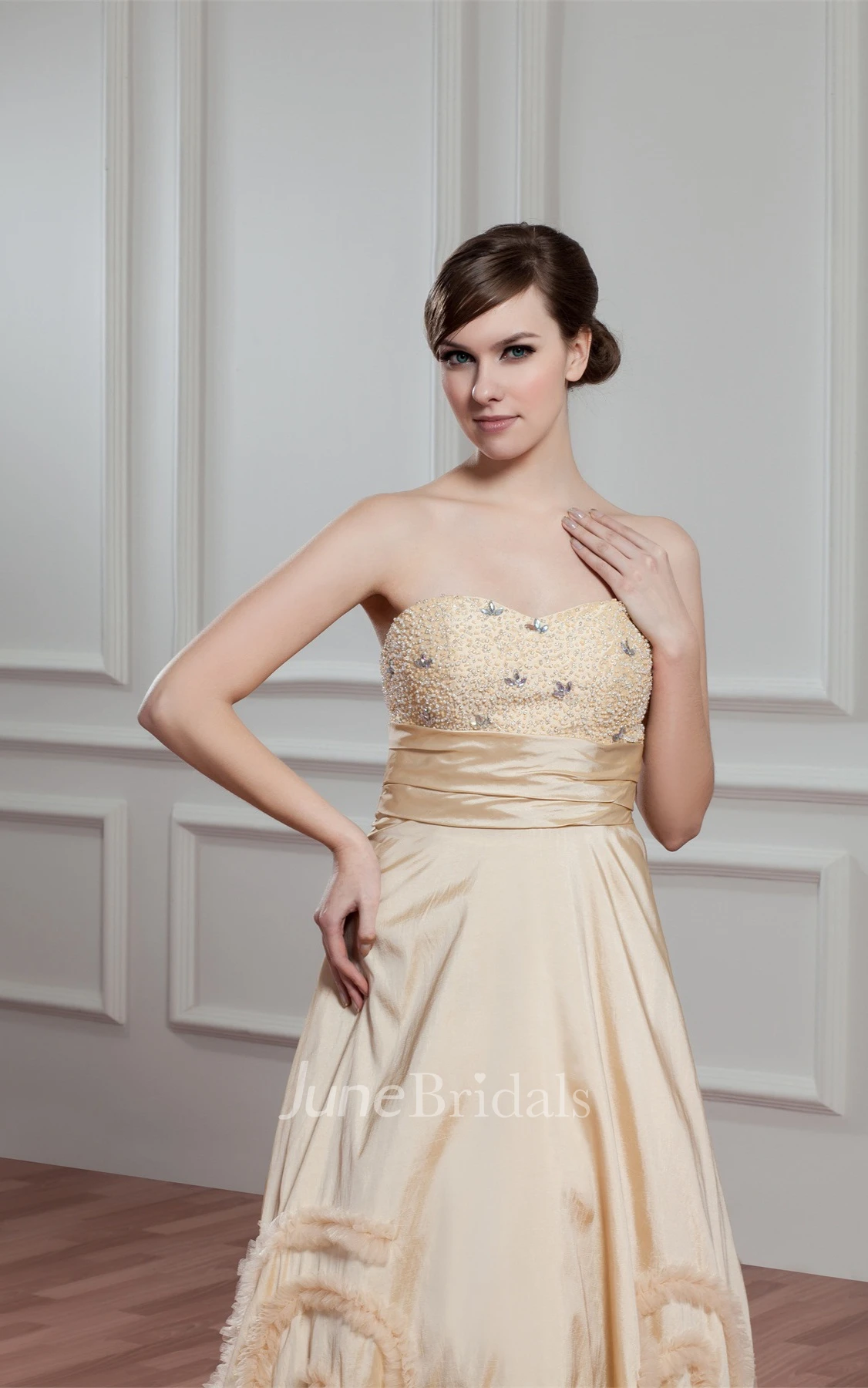 Sweetheart Pleated A-Line Gown with Ruffles and Beaded Top