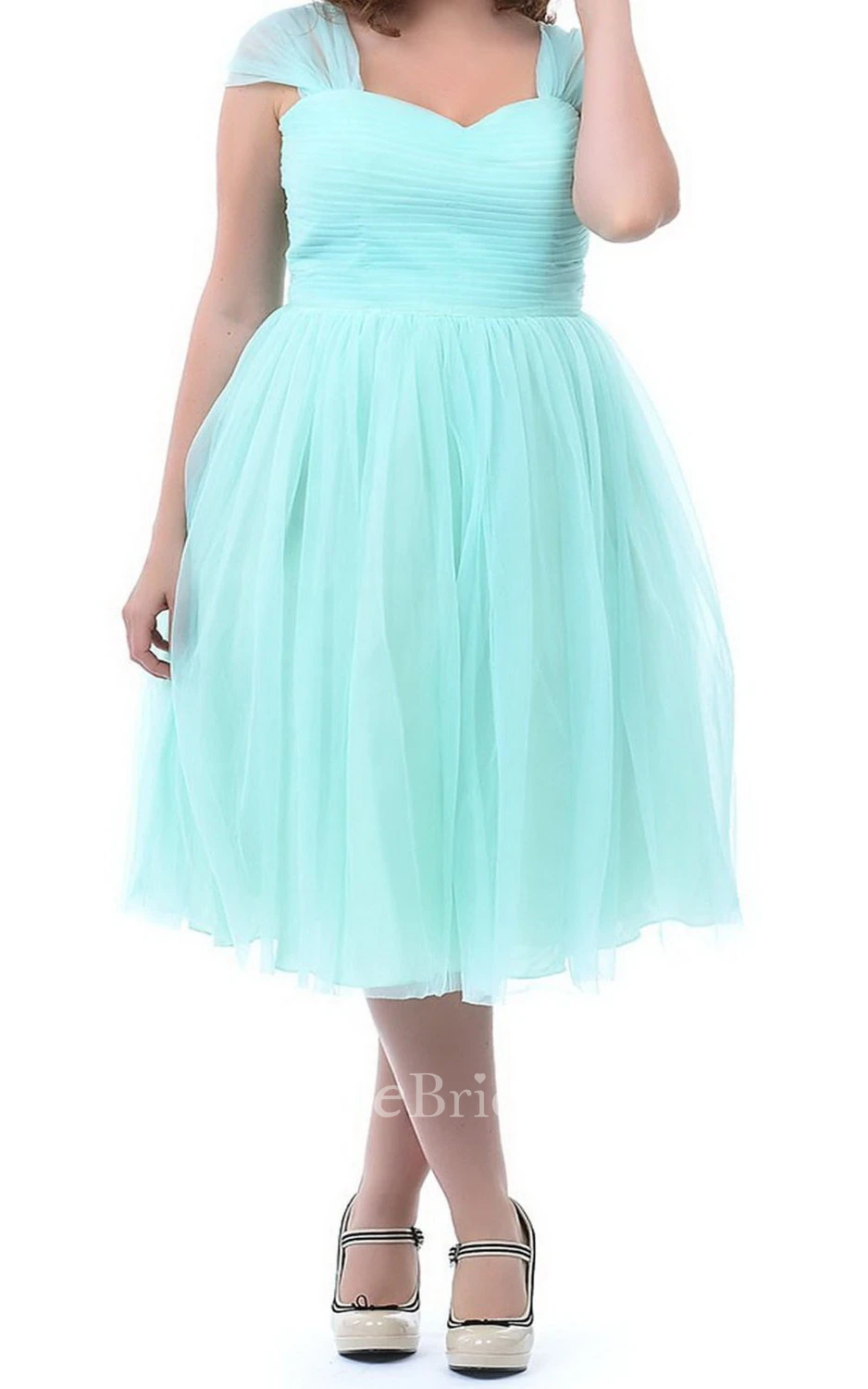 Sleeveless Midi-length Pleated Tulle Dress With Illusion Straps