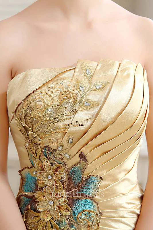 Strapless Ruched Long Satin Dress With Appliques