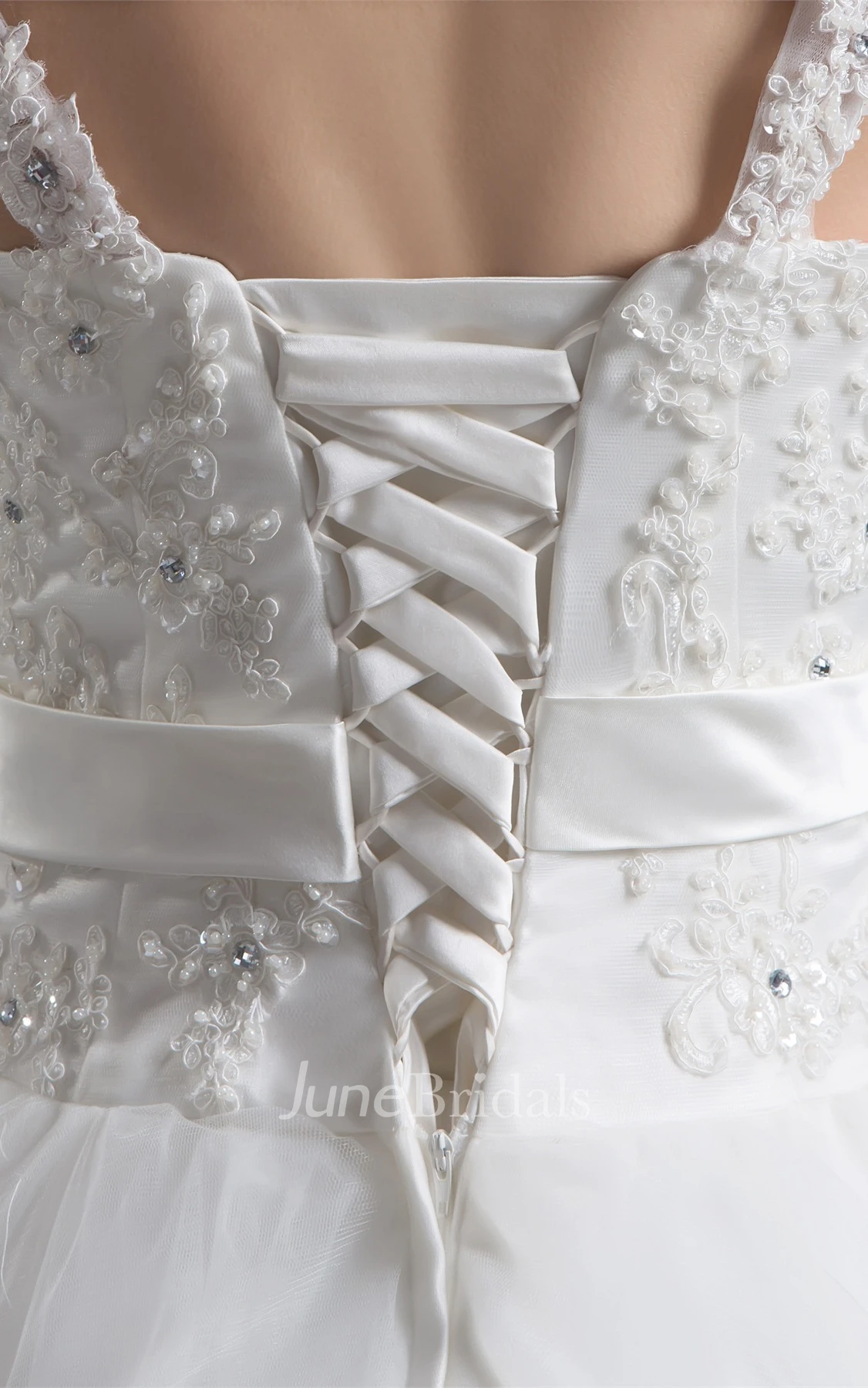 Strapped Tulle Ball Gown with Ribbon and Appliques