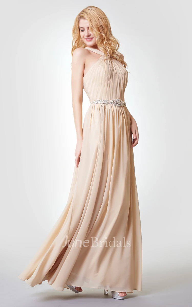 Sleeveless A-line Ruched Long Chiffon Dress With Pleats