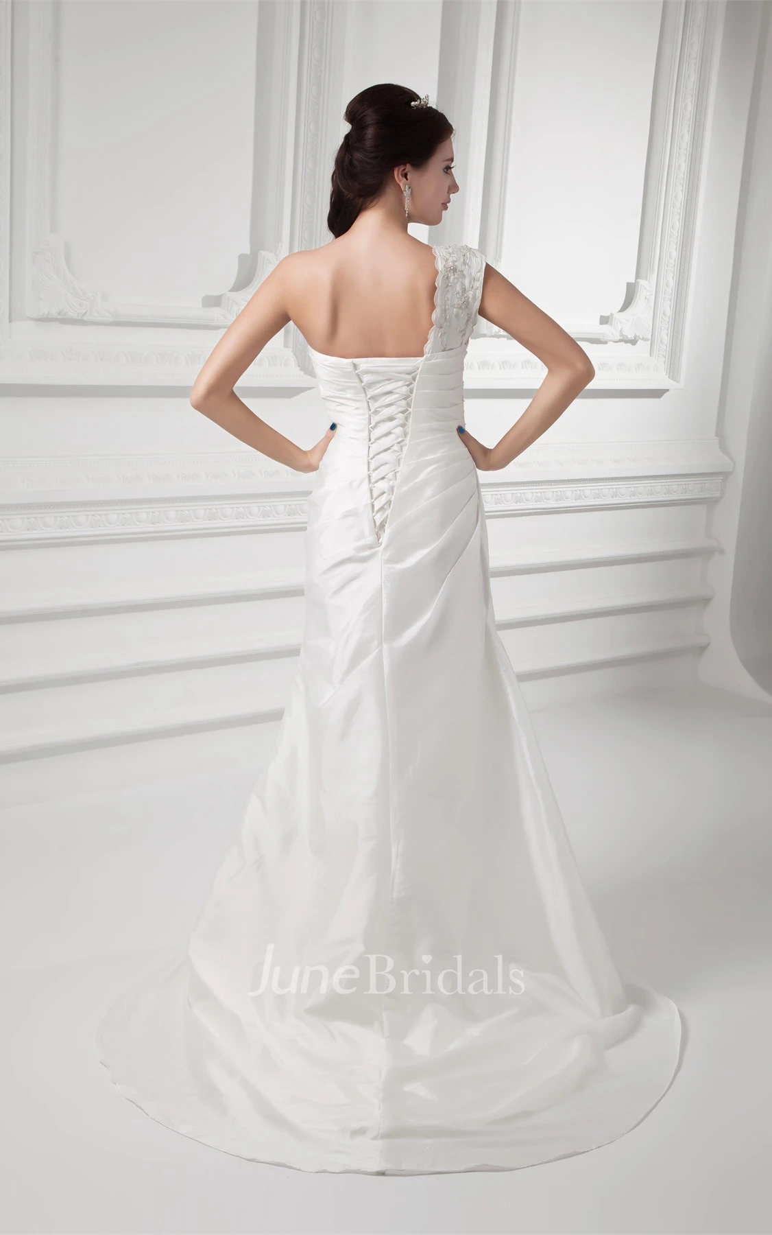 one-shoulder maxi mermaid gown with corset back and appliques