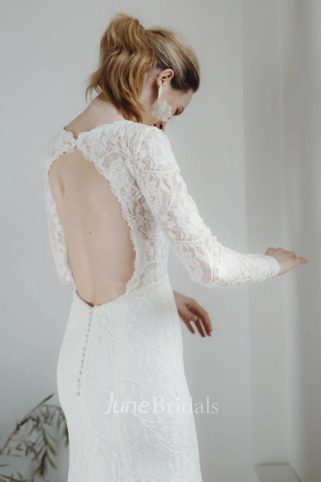 Lace Plunging V-neck Sexy Sheath Bridal Gown With Long Sleeves And Keyhole Back