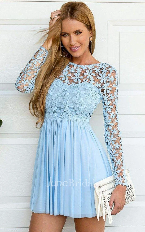 Casual A Line Chiffon Lace Bateau Long Sleeve with Flowers and Pleats Homecoming Dress