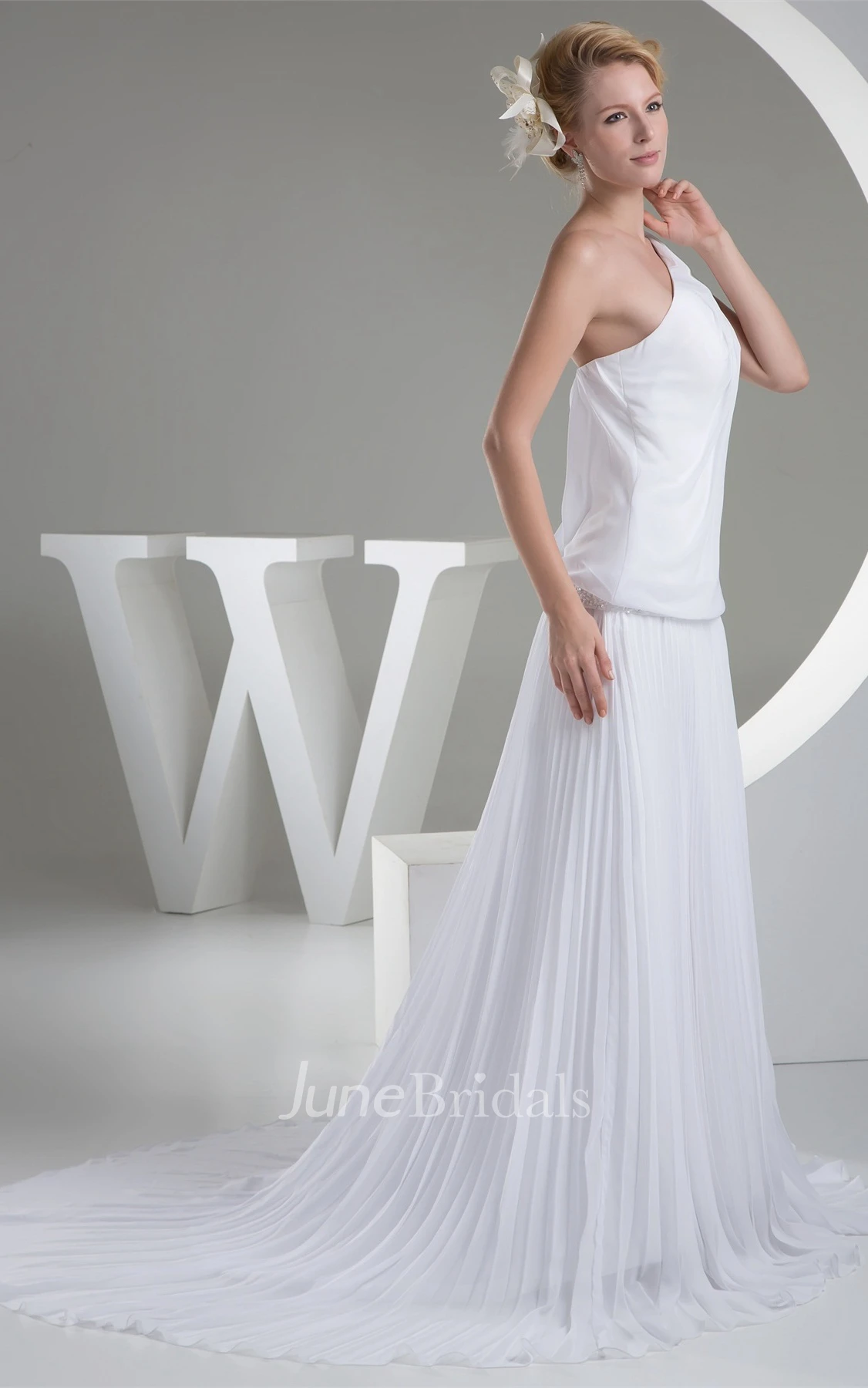 One-Shoulder Pleated Chiffon Maxi Dress with Gemmed Waist