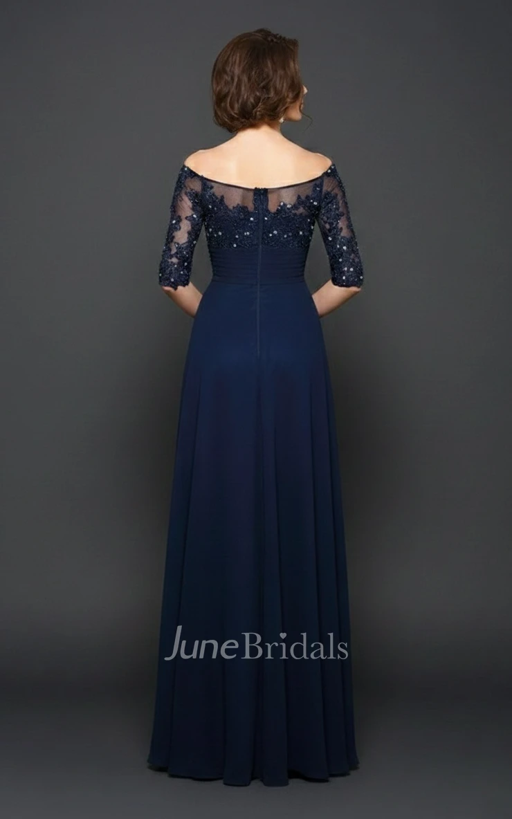 A-Line Chiffon Maxi Mother of the Bride Dress Off-the-Shoulder Illusion Half Sleeve Lace Gown
