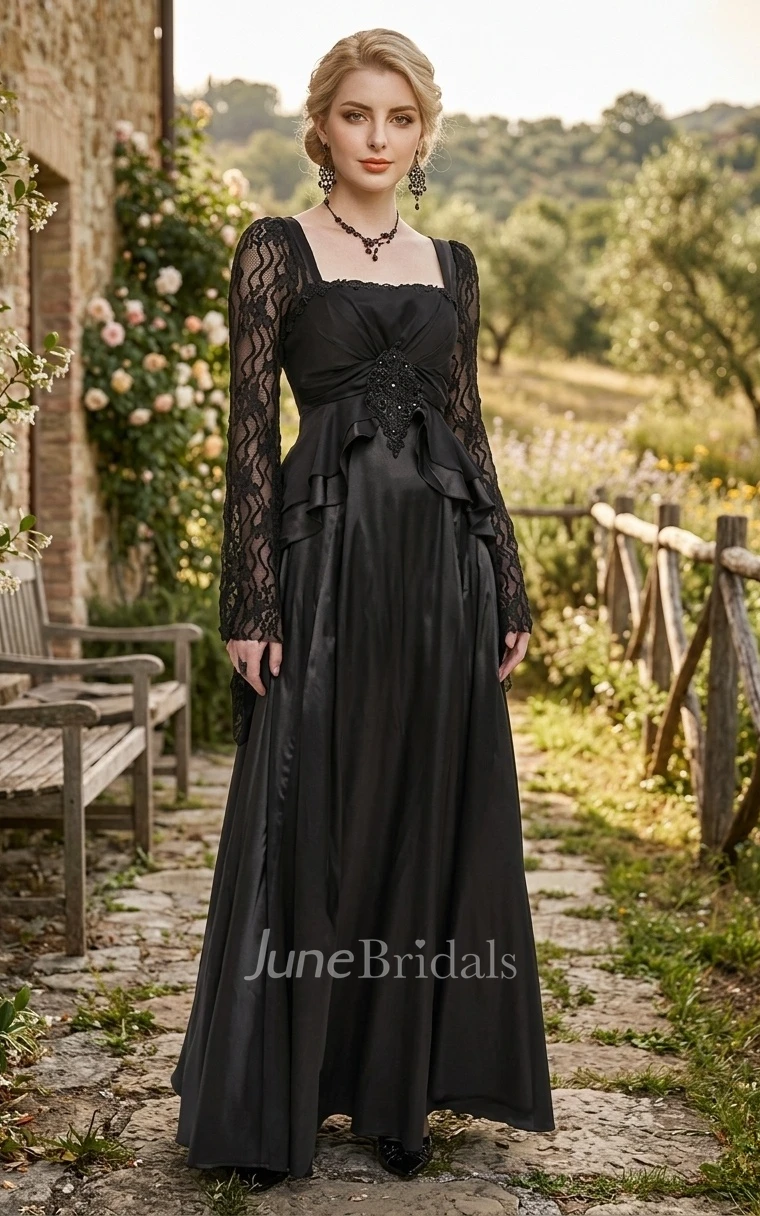 Gothic Modest A-Line Lace Long Sleeve Wedding Dress Black Vintage Floor-length Spring Garden Gown